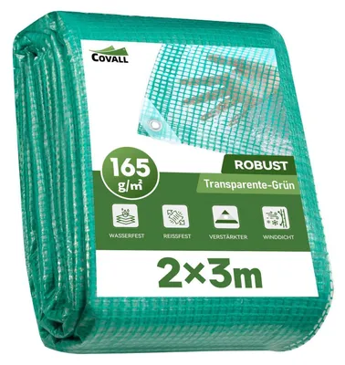 Obrázok produktu pre Ochranná plachta, zelená, priehľadná, 2x3 m, vodeodolná, odolná proti trhlinám, 165 g/m², UV stabilizovaná, s okami