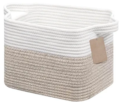 Image de Panier de rangement tressé en corde de coton, dimensions 33 x 25 x 22,5 cm, blanc et marron, 1 pièce