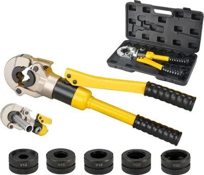 Obrázek produktu pro Hydraulický nástroj na lisování trubek PEX, odolné ocelové tělo, velikost čelistí 12-28 mm, maximální tlak 100 kN, ergonomická rukojeť, automatický blokovací mechanismus