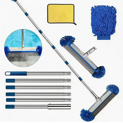 Produktbild von 6-teilige Teleskop-Poolbürste ,225 cm mit Bürste, Reinigungsset & Handschuhen – ideal für Schwimmbäder, Teiche und Whirlpools
