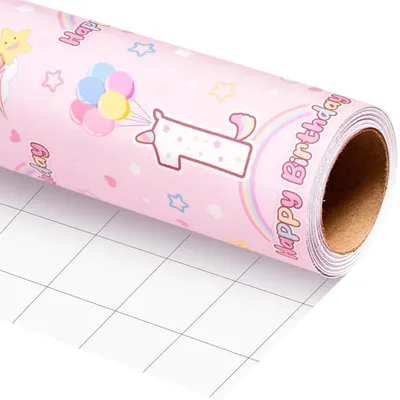 Produktbild von Geschenkpapier 1. Geburtstag Mädchen 43 cm x 5 m Rosa Einhorn Luftballons Zahl 1