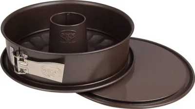 Produktbild von Dr. Oetker Springform Ø 28 cm, runde Backform der Serie Back-Edition aus Stahl mit 2 Böden - Flach- und Rohrboden mit Antihaftbeschichtung (Farbe: braun)