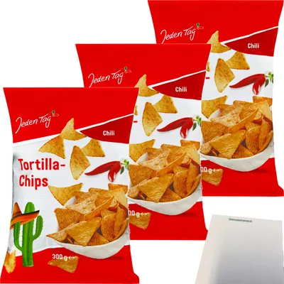 Produktbild von Jeden Tag Tortilla Chips Chili 3er Pack (3x300g Packung) + usy Block