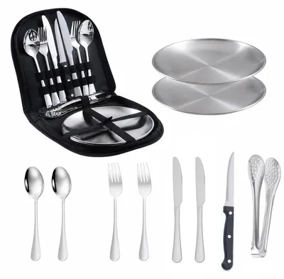 Produktbild von Camping Geschirr Set 2 Personen, Edelstahl Besteck Set mit Tasche und Tellern, wiederverwendbares Picknick Besteck für Grillen und Outdoor