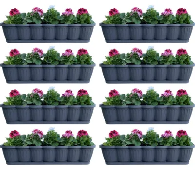 Image de set de 8 bacs à fleurs de 80 cm Bac à plantes de balcon Anthracite au design ondulé, y compris soucoupes d'arrosage assorties