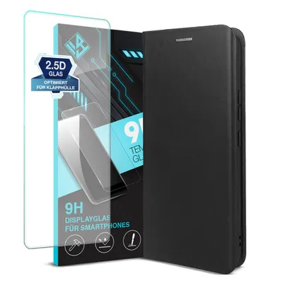 Produktbild von Handyhülle für Xiaomi 14T 5G mit 9H Displayglas Echtleder Flip Cover Hülle Case Kartenfach RFID Schutz Farbe: Schwarz
