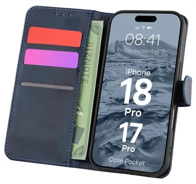 Produktbild von Handyhülle mit Klappe für iPhone 18 Pro / 17 Pro, Bizon Case Pocket, Dunkelblau