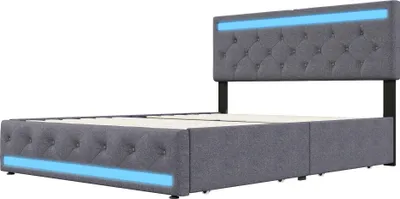 Immagine prodotto di Letto imbottito 160x200cm con USB e rete a doghe, letto per ragazzi letto matrimoniale con 4 cassetti, letto contenitore letto in legno massiccio con LED/tipo C e rete a doghe, lino
