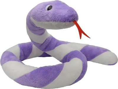 A stuffed toy snake with purple and white stripes.