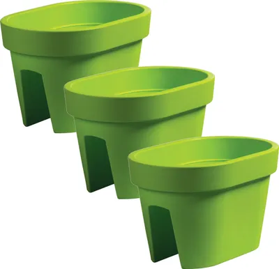 Three green balcony planters are arranged in a staggered formation against a white background.