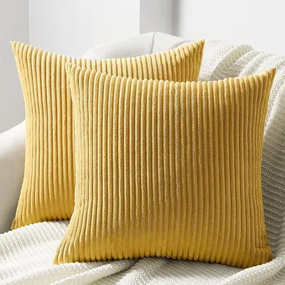 Produktbild von 2er Set Kissenbezug 45x45 Gelb Kordsamt gestreiftes Muster Kissenbezš¹ge Kissenhš¹lle Dekokissen Sofakissen Nackenkissen Kopfkissen Couchkissen Dekokissen Zierkissenbezug Deko Wohnzimmer
