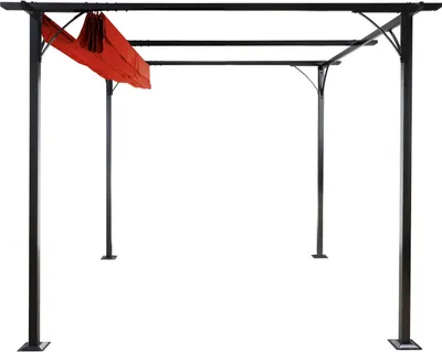 A black metal pergola frame with a terracotta-colored retractable canopy.