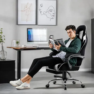 Produktbild von Gaming-Stuhl, Bürostuhl, ergonomischer PC-Stuhl, Gaming-Stuhl mit Massagefunktion, Bürostühle mit Fußstütze und Kopfstütze, weißer Stoff