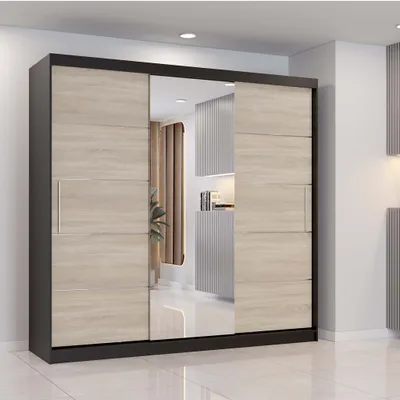 Schwebetürenschrank mit Spiegel in Schwarz/Sonoma Eiche
Breite:	233 cm
Höhe: 218 cm	
Tiefe: 61 cm