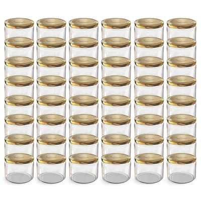 A grid of clear glass jars with gold lids.