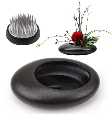 Productafbeelding van Ikebana Bloemschikset met Kenzan en Keramische Vaas - Zwart