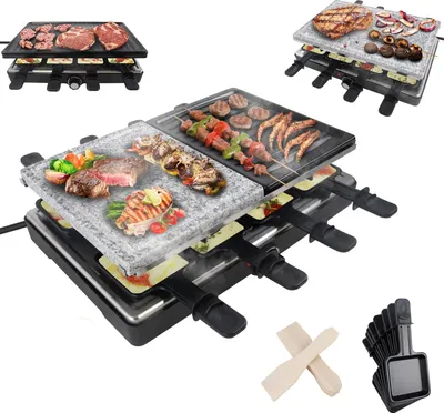 Produktbild von TRMLBE 1400W Raclette 8 Personen Edelstahl Grill Elektrisch Grillpfanne Set inkl. 8 Pfännchen & Holzspachtel, 2 Granitplatten, 2 Antihaftplatten Mutil-Tischgrill, für Innen&Außen