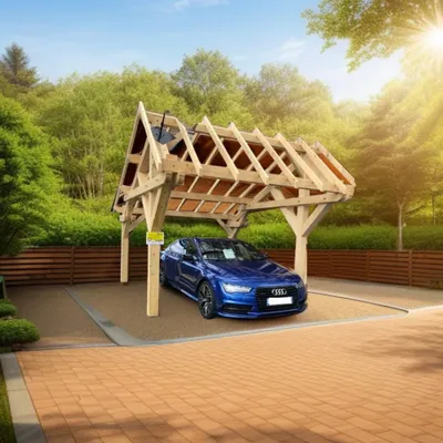 Image de Carport double pente asymétrique 3.90 x 5.05 m avec préparation pour couverture standard - Habrita - LE3950ST -