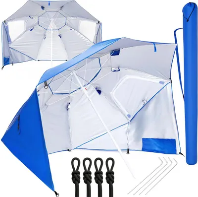 A collage of images showing a blue and white beach tent or umbrella, with accessories like ropes and stakes.