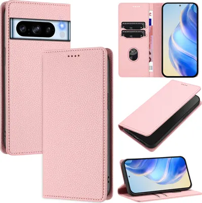 Produktbild von Litchi Leder Handyhülle für Google Pixel 8 Pro Wallet Kartenfächer Standfunktion Hülle Pink