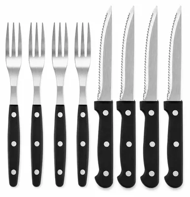 Produktbild von 8-teiliges Steakbesteck-Set – 4 Steakmesser und 4 Gabeln – Gezahnte Messer – Klinge aus Edelstahl – Griff aus Kunststoff – Grillbesteck-Set