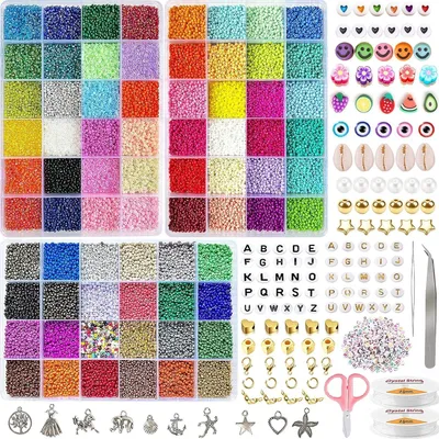 Image de Kit de perles en verre 45348 pièces, 72 couleurs, 2 mm, pour la fabrication de bijoux, comprenant 708 accessoires et lettres