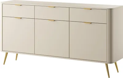 A beige sideboard with three drawers and three cabinet doors, standing on four angled legs.