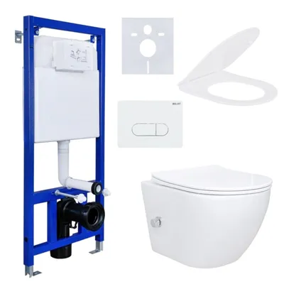 A collection of bathroom fixtures including a wall-hung toilet, a concealed cistern frame, a flush plate, and a toilet seat, all displayed against a white background.