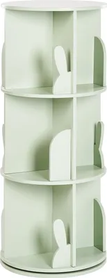 A light green, three-tiered rotating bookshelf with a bunny motif, designed for a child's room.