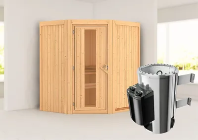 Produktbild von Karibu Sauna Innensauna Tonja Eckeinstieg Ofen 3,6 kW intgr. Strg 170x151x198 cm ohne Dachkranz mit Energiespartür