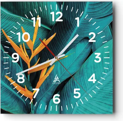 Produktbild von Wanduhr - Quadrat - Glasuhr - Blumen Tropen Blätter - 40x40cm - Schleichendes Uhrwerk - Lautlos - zum Aufhängen bereit - Dekoration Modern - Wanddekoration aus Glas - C4AC40x40-5116
