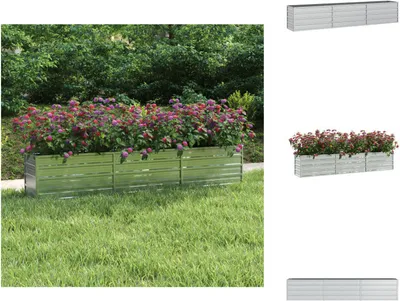 A galvanized steel raised garden bed filled with colorful flowers, placed on a lawn in front of lush green bushes.
