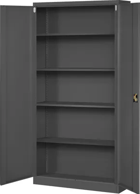 An open gray metal cabinet with multiple shelves.