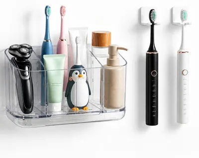 Image de Support pour brosses à dents, ensemble de 3 pièces, adhésif, fixation murale sans perçage, organisateur de salle de bain, blanc