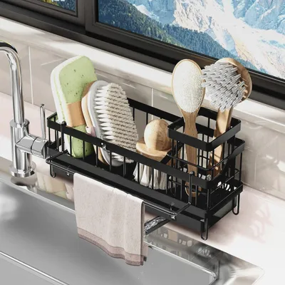 Produktbild von Spülbecken Organizer, Schwammhalter, Küchenspülen Organizer mit Abflusspfanne, Spüllappenhalter, Handtuchhalter,Spülmittel,Selbstklebender Aufbewahrungshalter für Küche & Badezimmer