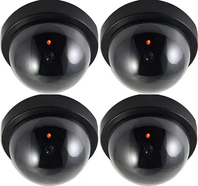 Produktbild von 4X Dummy Kamera Attrappe mit Objektiv Videoüberwachung Warensicherung Überwachungskamera Fake Camera mit roter Blink-LED täuschend echt für Wand Decke