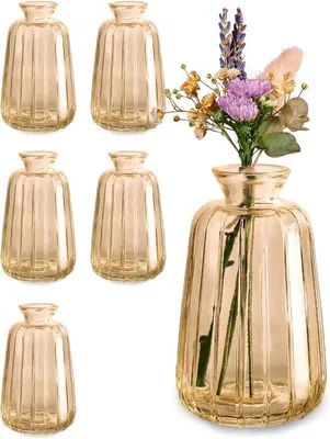 Produktbild von Famanu Mini-Glasvasen Set von 6 - Vintage Stil - Robuste kleine Vasen - Spülmaschinenfest - Ideal für Tischdekoration bei Hochzeiten - Gold