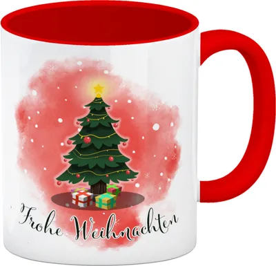 Produktbild von Frohe Weihnachten Kaffeebecher Rot mit andächtigem Weihnachtsbaum