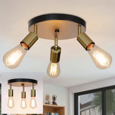 Obrázek produktu pro ZMH stropní svítidlo vintage 3 plameny stropní reflektor kulatý, stropní světlo moderní ložnice lampa černá zlatá E27 průmyslové otočné pro jídelnu chodbu