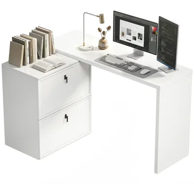 Image de Bureau en forme de L - Design réversible - 2 tiroirs - Structure en bois - Idéal pour le salon - Blanc