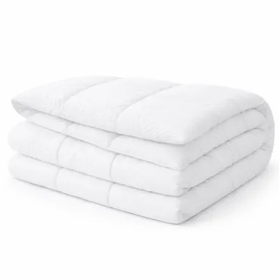 A folded white duvet is presented against a white background.