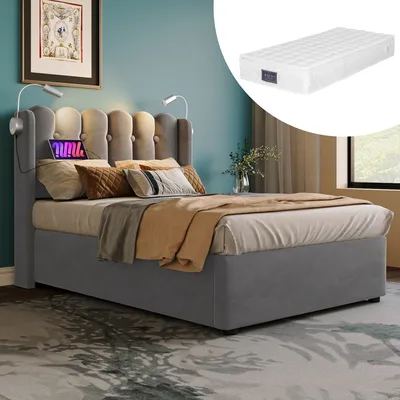 Image de Sweiko Lit rembourré Lit simple avec lampe de lecture et fonction de chargement Tête de lit avec espace de rangement Cadre de lit en velours Lit pour adolescent 90x200 avec sommier à lattes,Gris(Avec matelas)