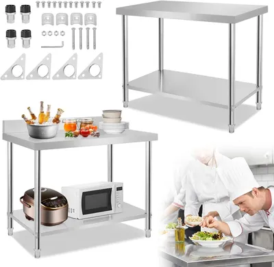 Produktbild von QEENTOE Edelstahltisch 100x60x85cm, Arbeitstisch mit Zwischenboden und Aufkantung, Küchentisch aus Edelstahl für Gastronomie, Küche und Arbeitsbereich