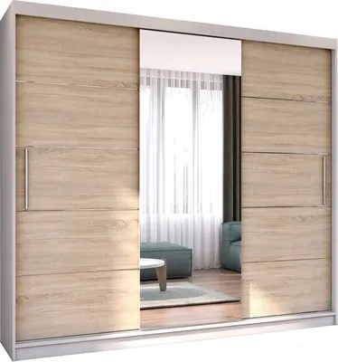 Produktbild von Easy4You Astra Weiß/Sonoma Schiebetürenschrank Kleiderschrank 233x218x61 cm mit Spiegel - Schlafzimmermöbel, Aufbewahrung – Mehrzweckschrank mit 2 Kleiderstangen