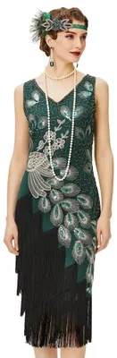 Productafbeelding van BABEYOND Dames, vintage retro stijl, donkergroen met zwarte franjes, medium