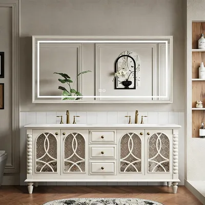 Produktbild von Badmöbel-Set mit Sinterstein Waschbecken und Spiegel, Badezimmer Set, Waschtisch mit Unterschrank, Waschtischkombination Weiß 130×55 cm /SCJZBAI/