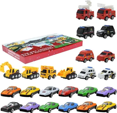 A collection of toy cars and a Christmas advent calendar box.