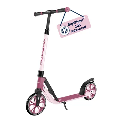 A pink and black scooter is shown against a white background.