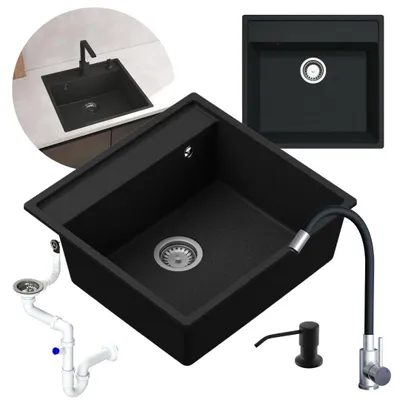 Produktbild von Granmaster Magma Granitspülbecken Komplett-Set Flexiblen Wasserhahn, Siphon, Seifenspender – 1-komoriger Spülbecken kratzfest hitzebeständig modernes