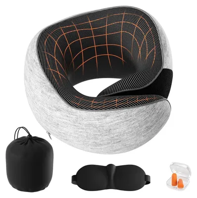Obrázok produktu pre Cestovný vankúšik na krk, vyrobený z pamäťovej peny, nastaviteľný, s ušnými čiapočkami a maskou na oči, svetlosivý